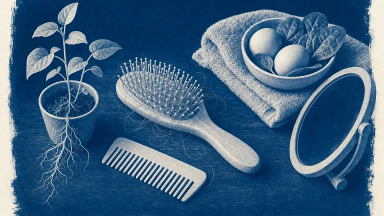 Cyanotype of a hairbrush with loose strands, a comb, folded towel, hand mirror, spinach and eggs, and a sprouting plant