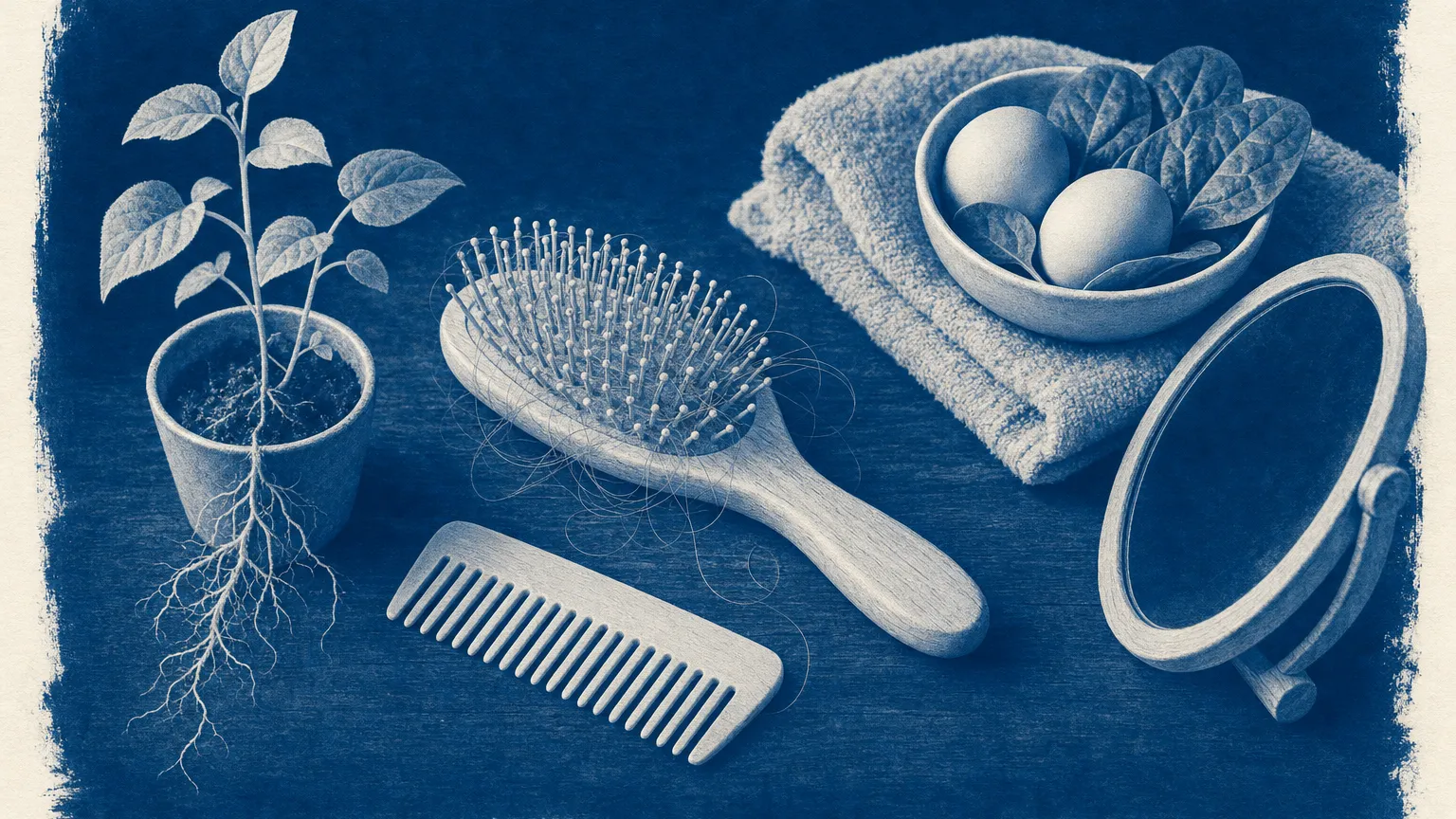 Cyanotype of a hairbrush with loose strands, a comb, folded towel, hand mirror, spinach and eggs, and a sprouting plant