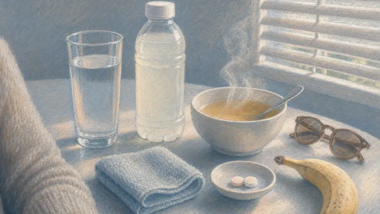 A glass of water, an electrolyte drink and a bowl of broth on a kitchen table.