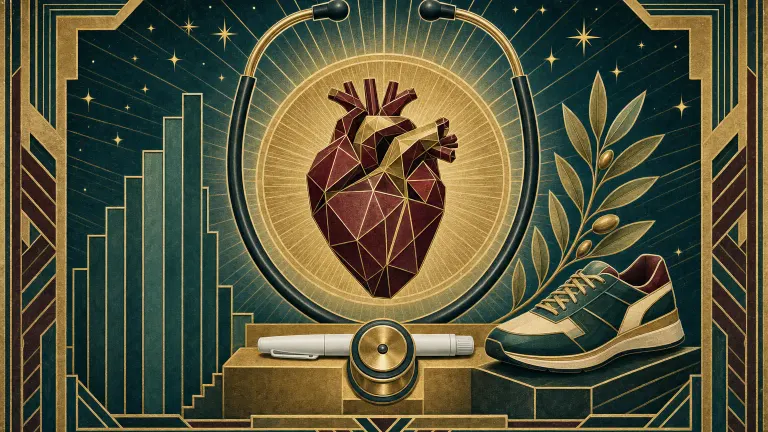 Art Deco poster of a jewel-like heart in a gold sunburst framed by a stethoscope, with a pen below.