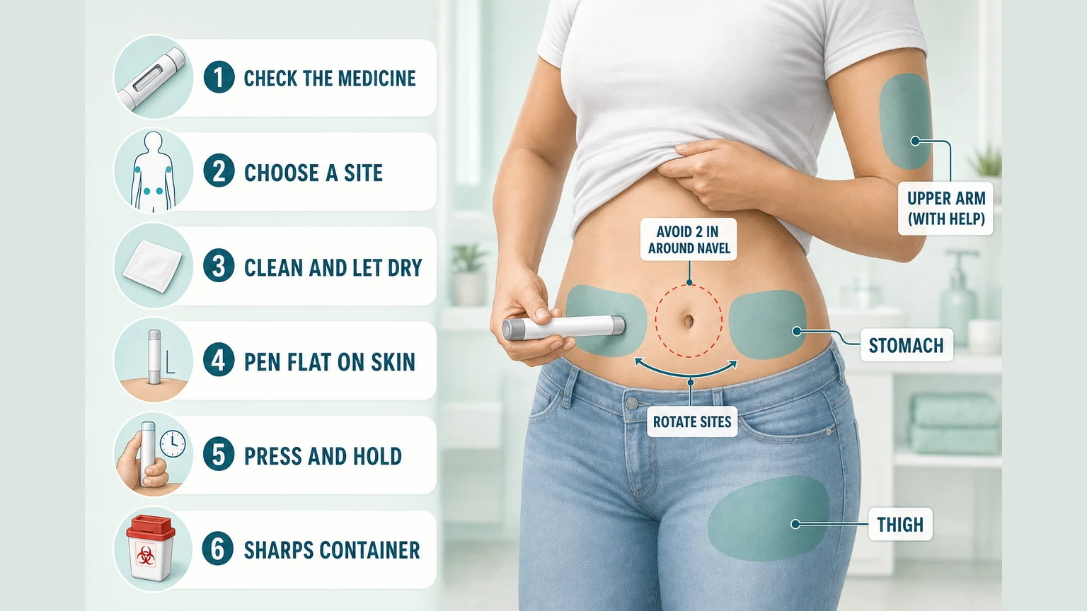 Infographic of six pen-injection steps beside a torso showing stomach, thigh and upper-arm injection areas, avoiding 2 inches around the navel.