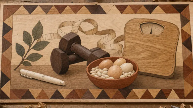 Wood marquetry panel showing dumbbells, a bowl of eggs and beans, a measuring tape, scale and pen.
