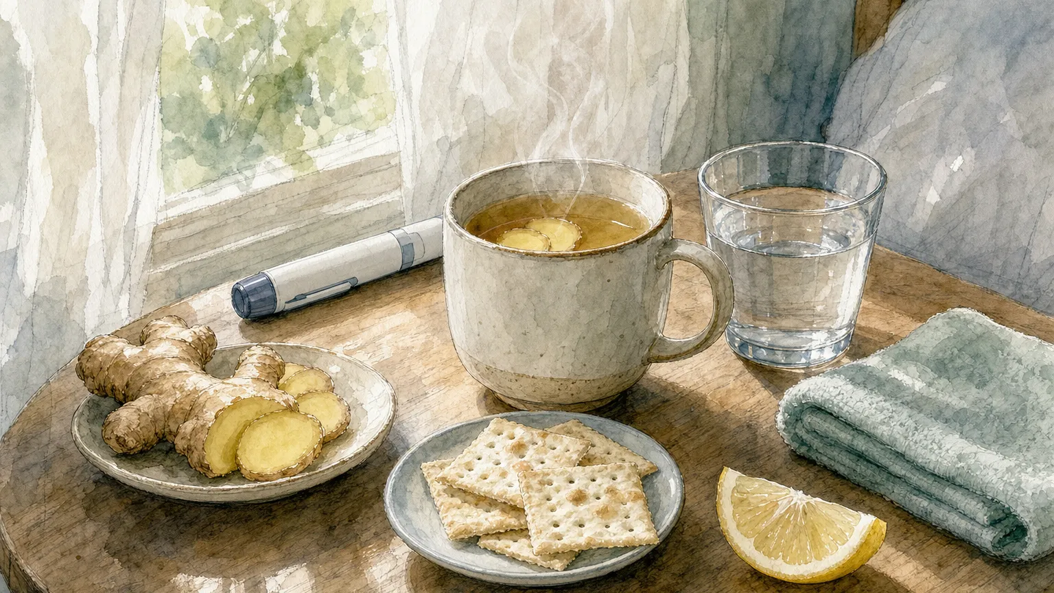 Watercolor of ginger tea, crackers, lemon and water on a bedside table with an injection pen in the background.