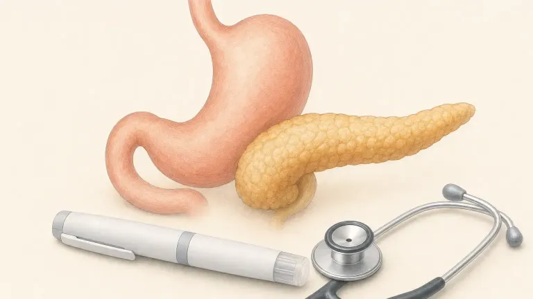 Stylized stomach and pancreas illustration with an injection pen and a stethoscope.