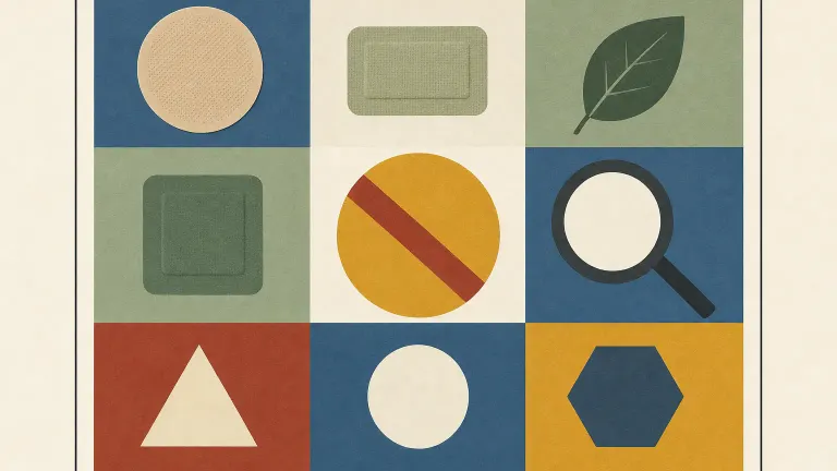Geometric grid poster of round and rectangular adhesive patches, a leaf, a crossed-out circle and a magnifying glass.