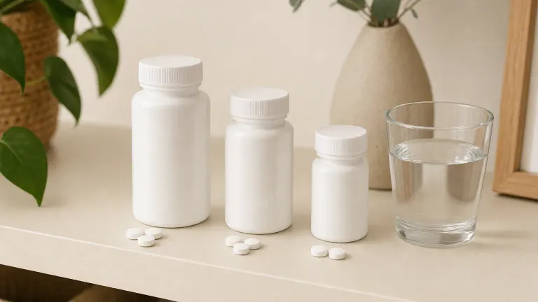Three plain pill bottles in a row with loose tablets and a glass of water in front.