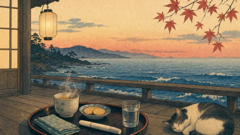Woodblock-style print of a veranda tray with ginger tea, crackers and a capped injection pen by calm waves.