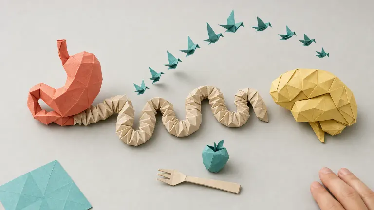 Origami scene of paper birds flying from a folded paper intestine toward a folded paper brain.