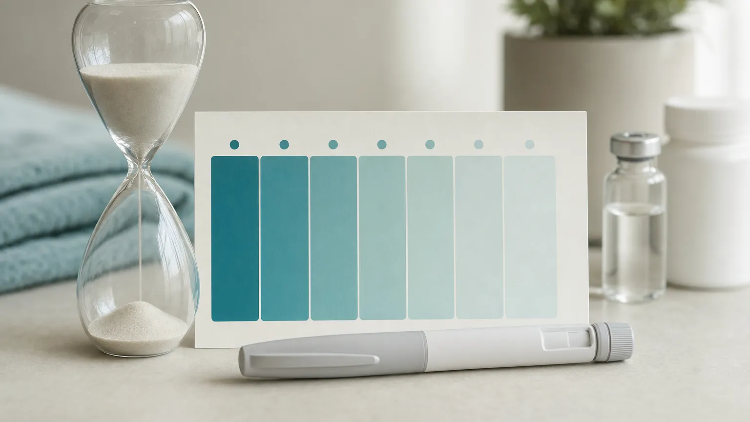 Hourglass beside a calendar with boxes fading from dark to light and a capped injection pen