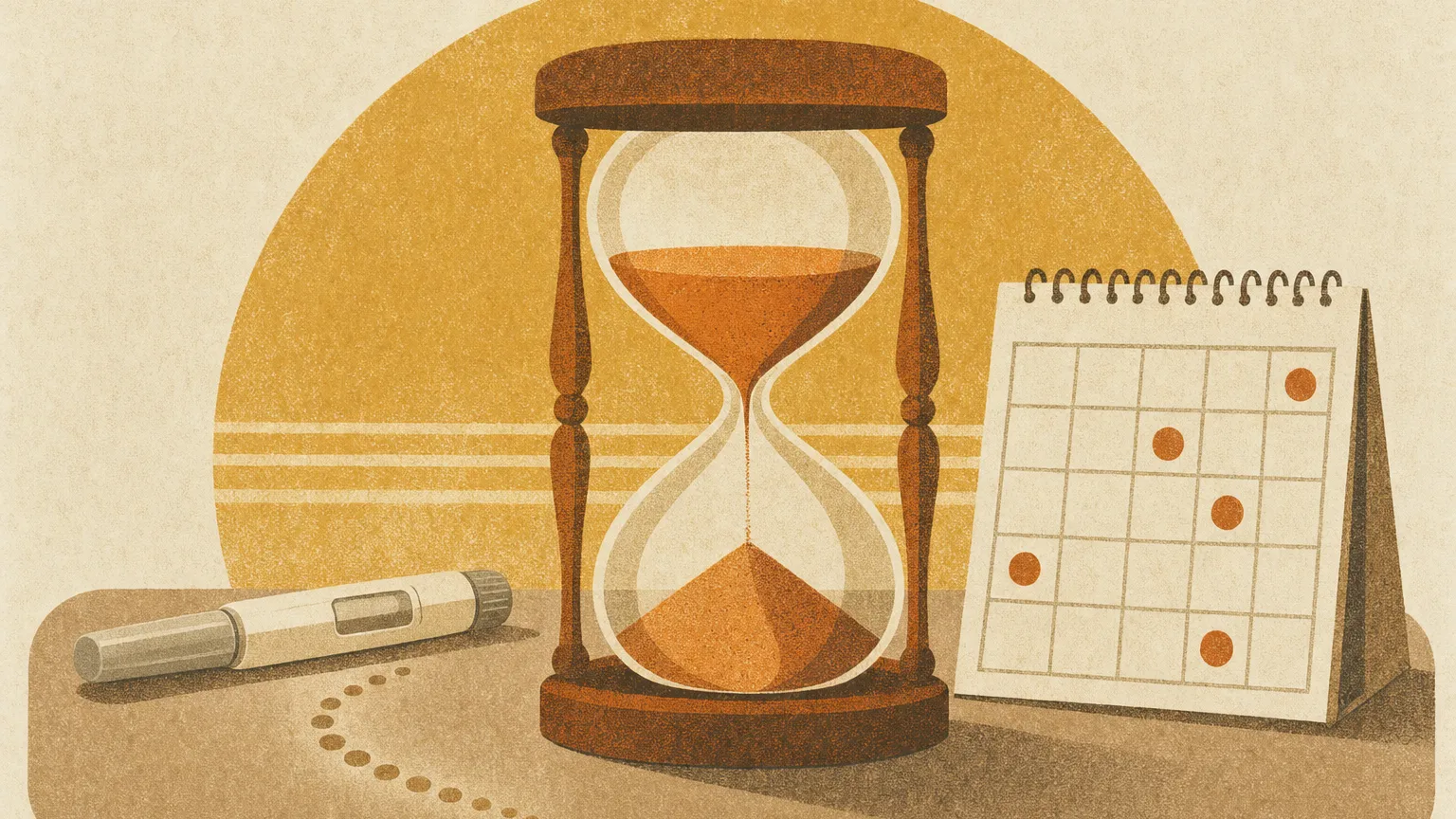 An hourglass beside a capped injection pen and a calendar with a few marked squares.