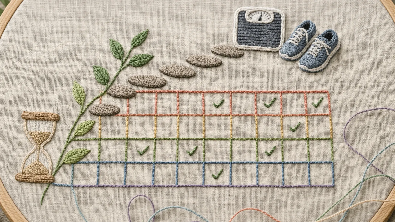 Embroidered blank calendar grid with check stitches, rising stepping stones, hourglass, scale and sneakers on linen