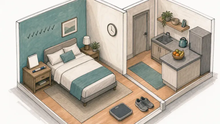 Isometric marker drawing of a small apartment with a bed, a capped injection pen, a blank calendar, a scale and sneakers.