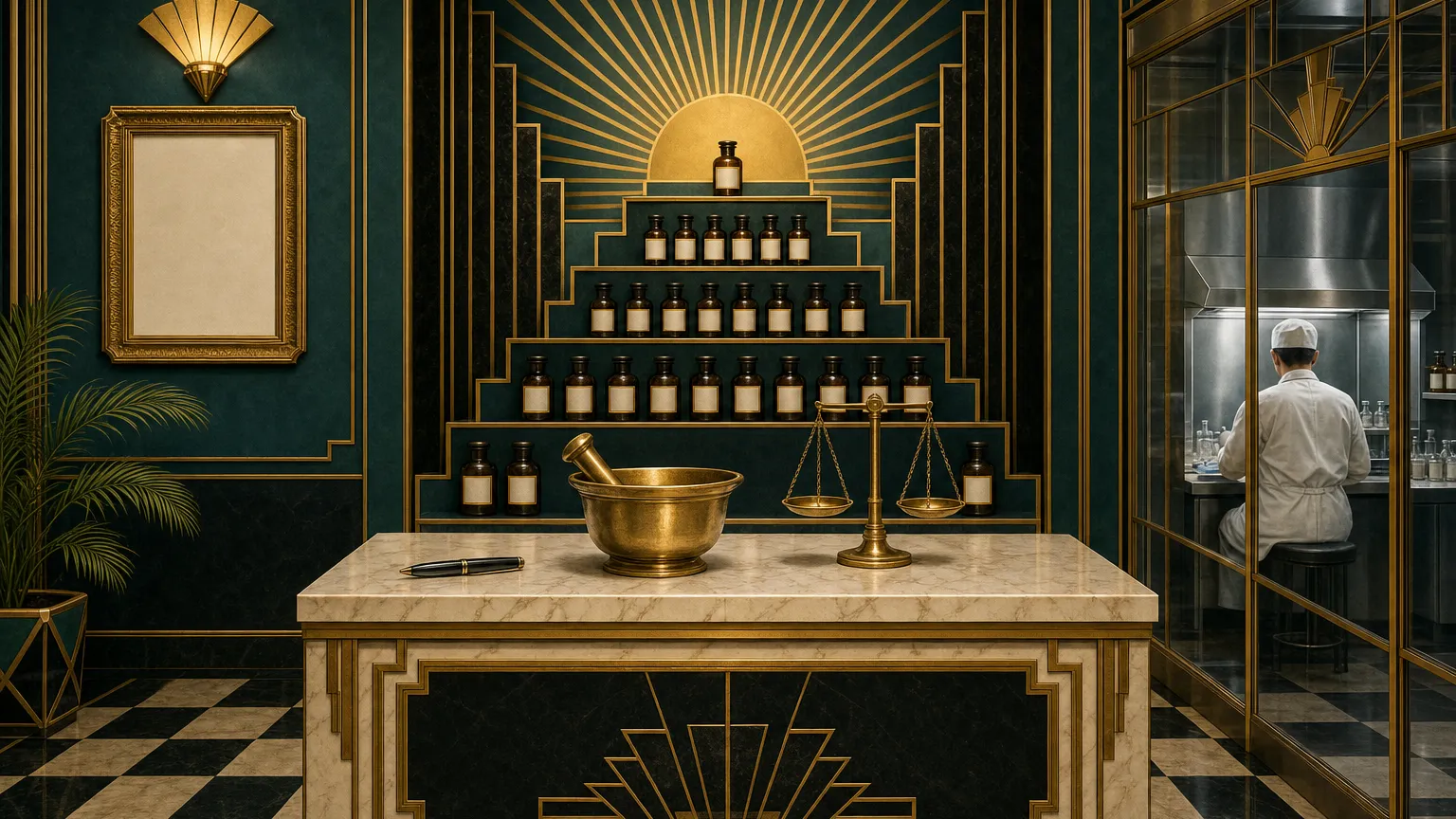 Art Deco pharmacy interior with a mortar and pestle on a counter and a pharmacist working behind glass.