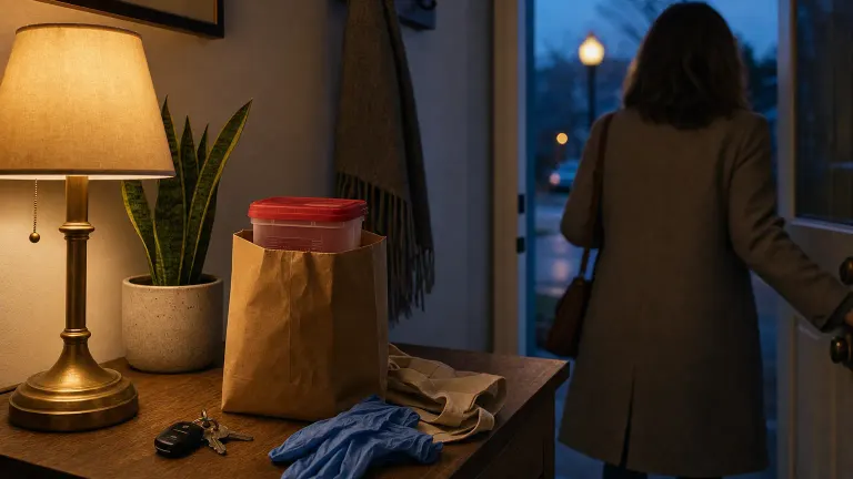 Sealed sharps container in a paper bag on a hallway table at dusk, ready to take out