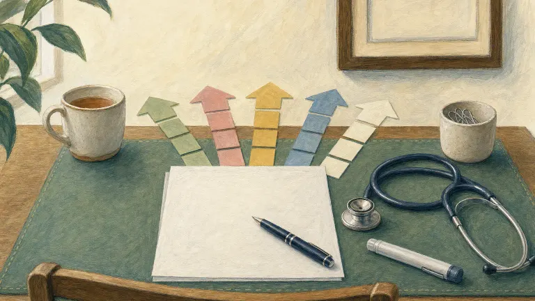 A desk with a blank form, a stethoscope, a capped pen and five colored sticky notes fanned out.