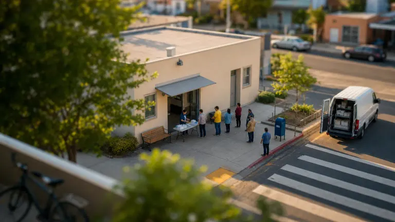 Miniature-style high-angle view of a community clinic entrance with a small line of people and a table of boxes