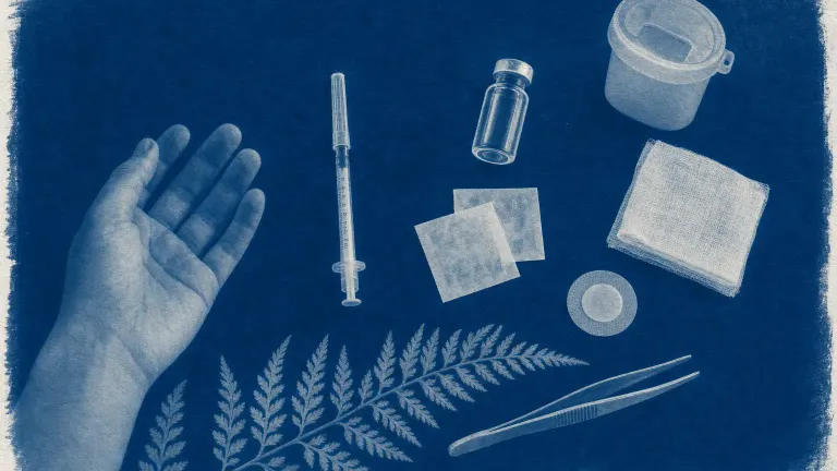 Blue cyanotype of a capped syringe, vial, alcohol pads, gauze, bandage and sharps container laid out