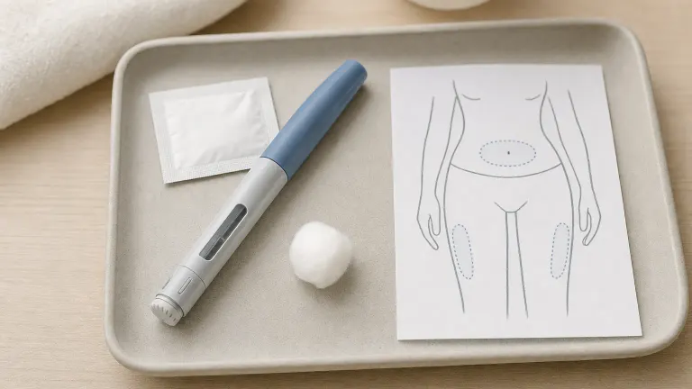 Injection pen, alcohol swab and cotton ball on a tray beside a torso outline marking injection areas.