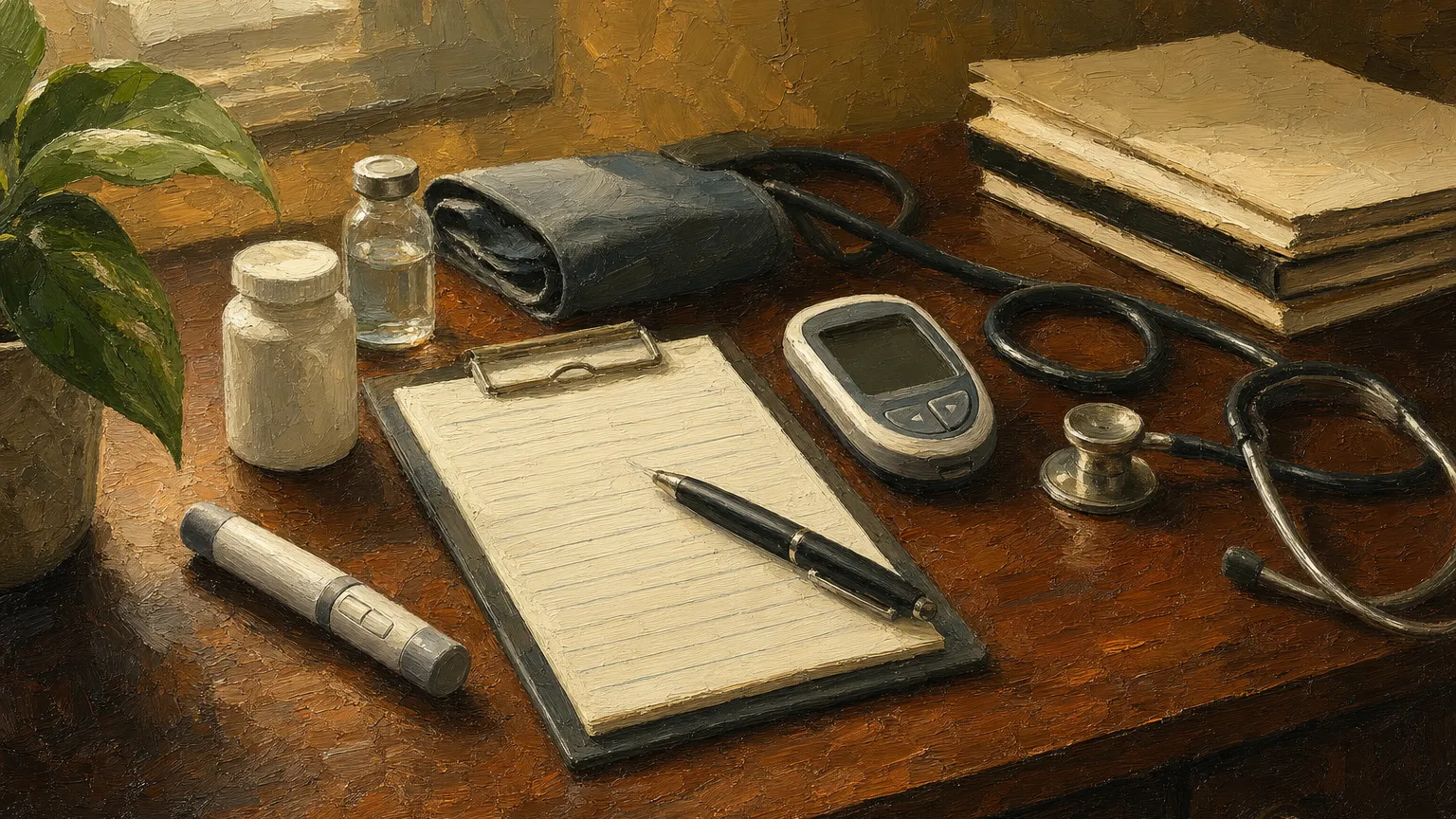 Oil painting of a doctor desk with clipboard, glucose meter, blood pressure cuff, stethoscope and a pen
