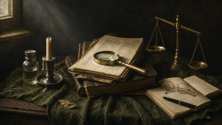 Oil-painting-style still life of journals under a magnifying glass beside a balance scale and spectacles.