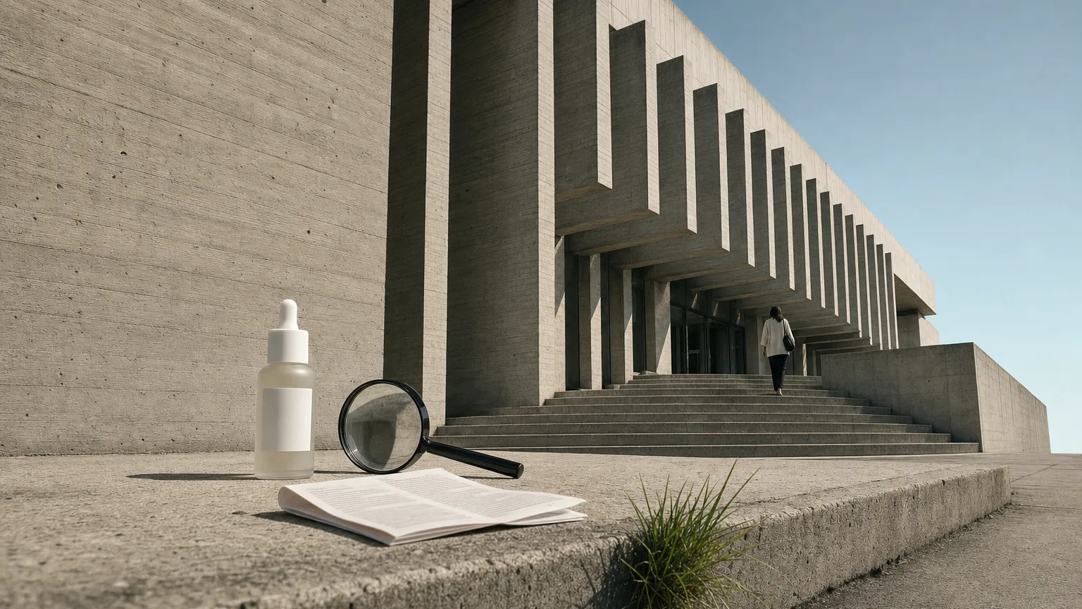 Skincare bottle and magnifying glass on a concrete ledge before a brutalist stairway and colonnade.