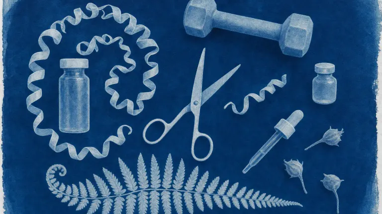 Cyanotype print of a long coiled ribbon and a short snipped ribbon beside two vials and scissors.