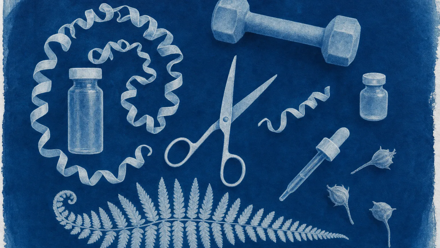 Cyanotype print of a long coiled ribbon and a short snipped ribbon beside two vials and scissors.