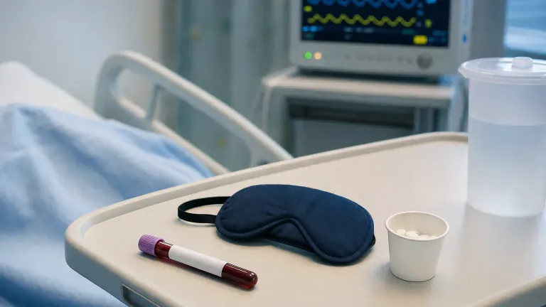 Hospital bedside tray with a blood tube, sleep mask and tablet cup beside a heart monitor.
