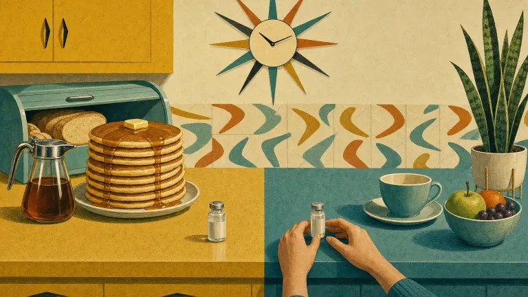 Retro illustration of two vials on a kitchen counter, one by a pancake stack and one by a teacup.