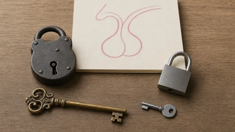 Two different keys beside two different locks, with a gland outline sketched on a notepad.