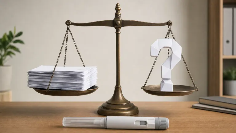 Balance scale weighing a stack of documents against a paper question mark beside an injection pen
