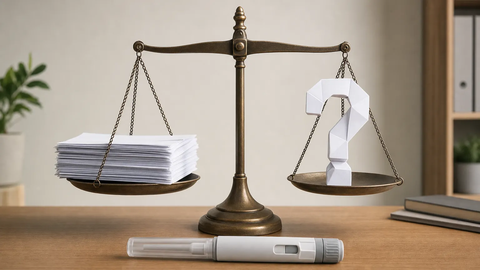 Balance scale weighing a stack of documents against a paper question mark beside an injection pen