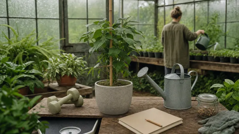 Greenhouse potting bench with a staked healthy plant, small dumbbells, a scale and a notebook.