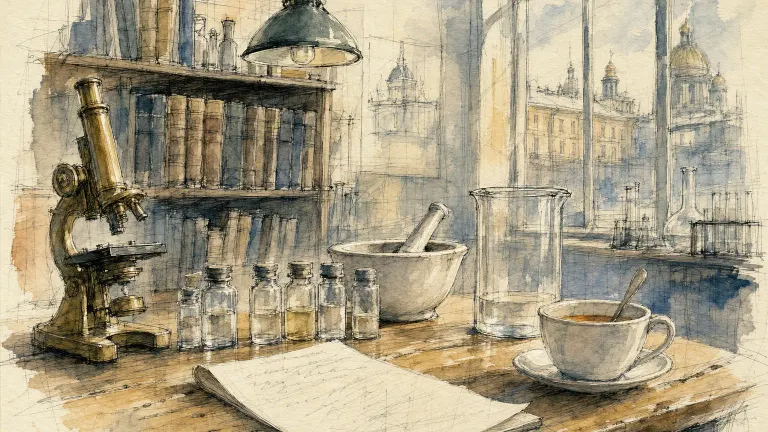 Loose ink and watercolor sketch of an old laboratory bench with glass vials, a microscope, a mortar and pestle.