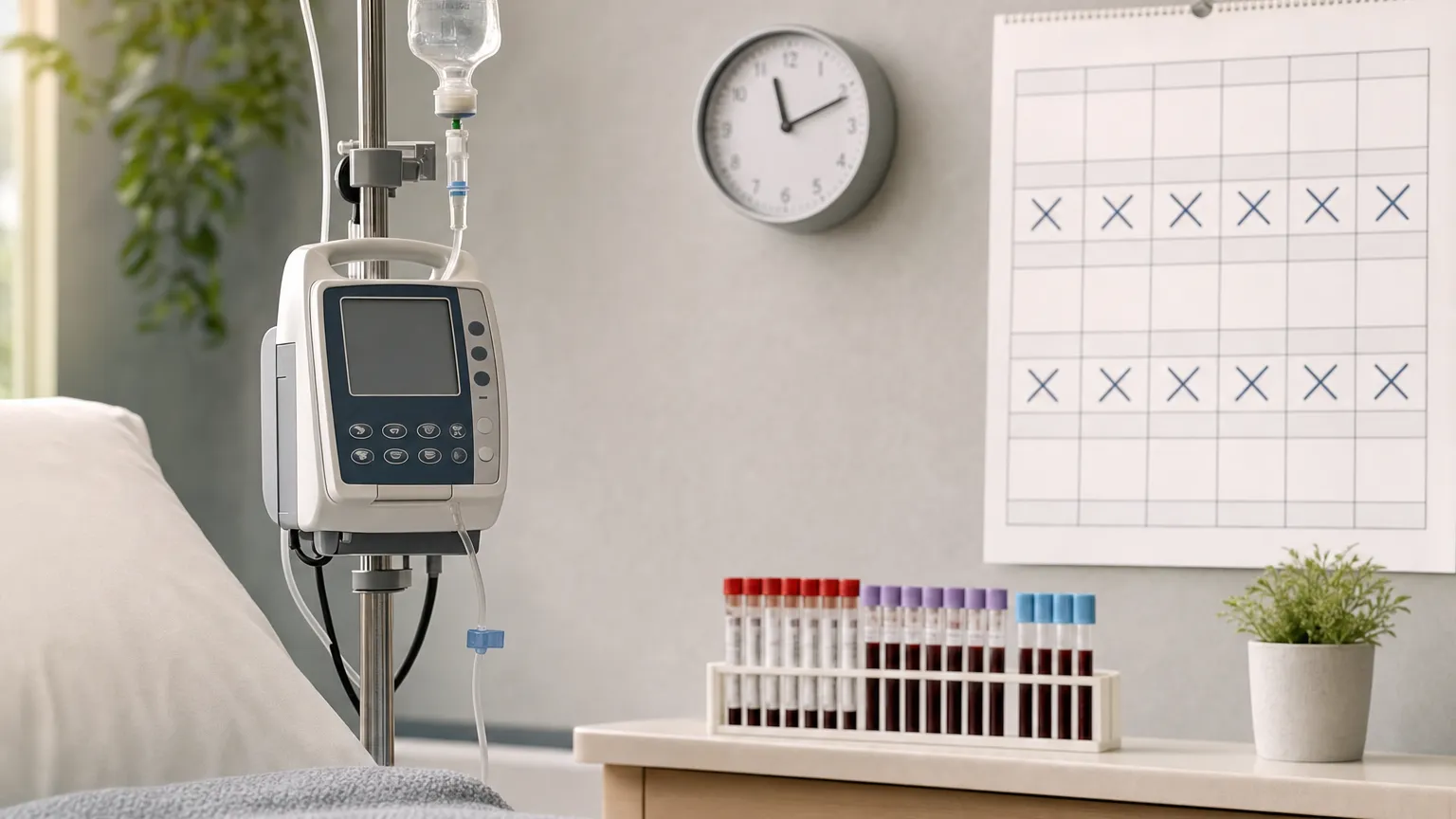 Clinic bedside with an infusion pump, wall clock, blood sample tubes and a calendar.