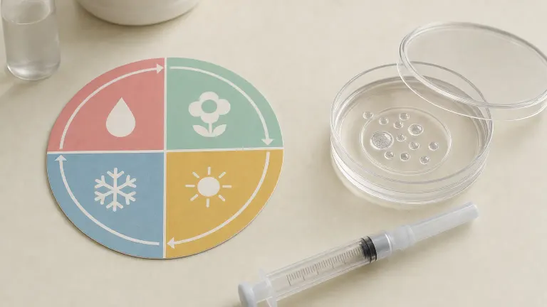 Cycle wheel with four segments next to a petri dish and a small syringe on a countertop.