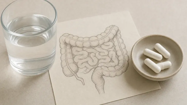 Plain capsules in a dish beside a simple drawing of the intestines and a glass of water.