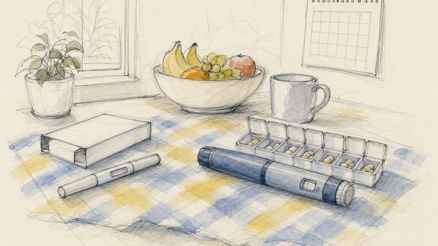 Ink and watercolor sketch of two different capped injection pens on a checkered cloth beside a pill organizer and fruit.