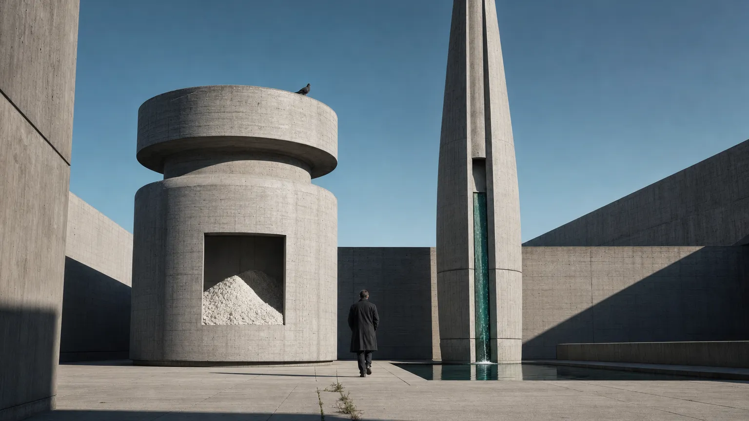 Brutalist concrete plaza with a squat vial-shaped block and a tall pen-shaped tower beside a walker