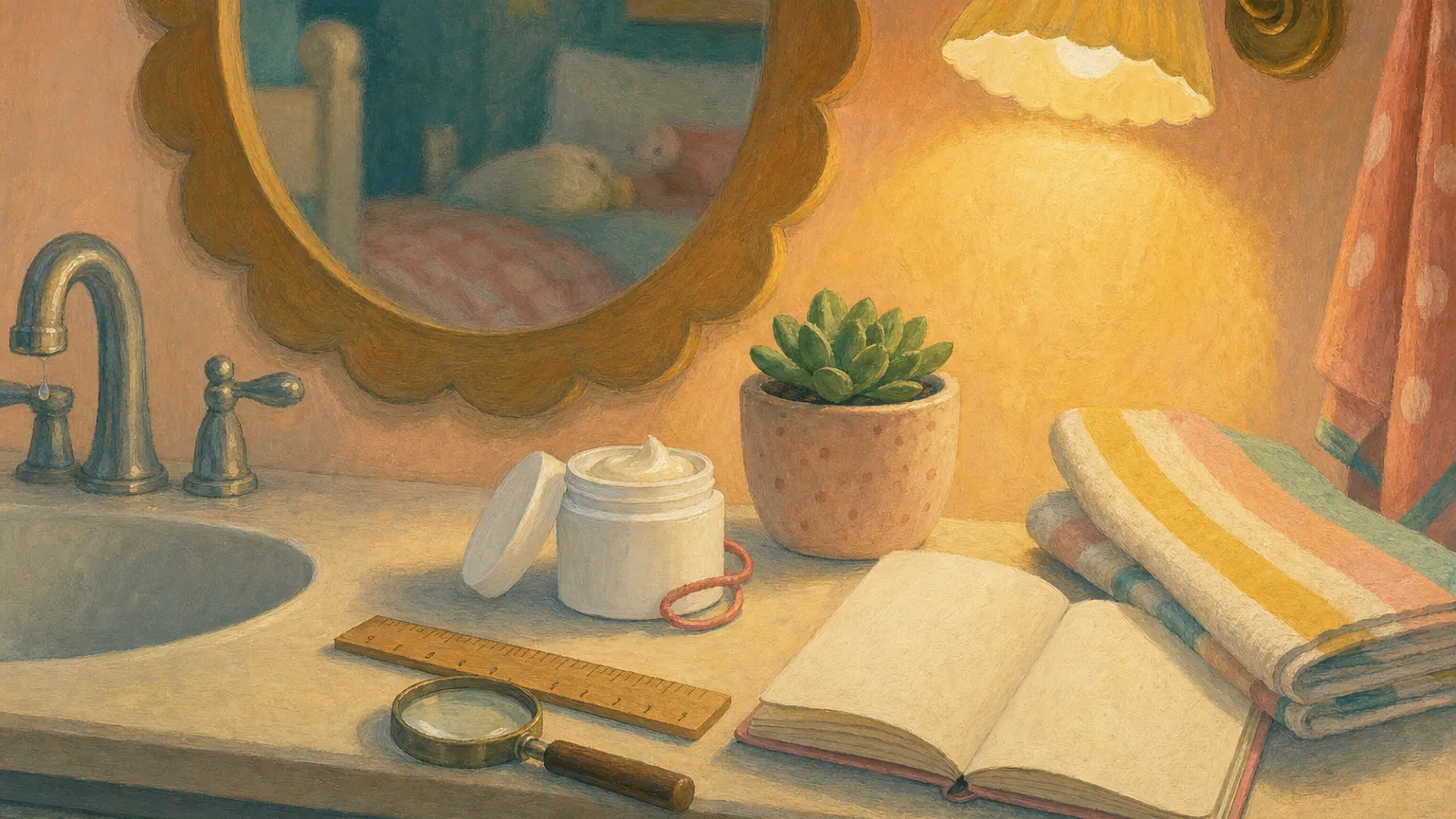 Gouache illustration of an open cream jar, ruler, magnifying glass and notebook on a vanity.