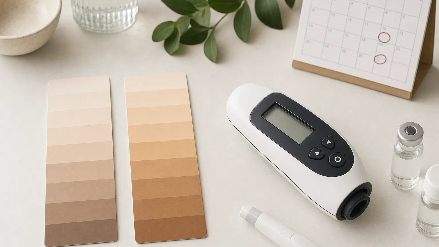 Two skin color swatch strips next to a handheld skin meter and a calendar with weeks circled.