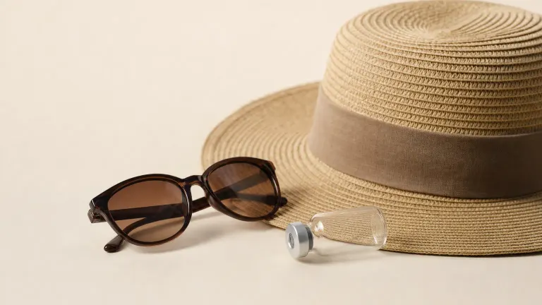 Unlabeled empty vial next to a sun hat and sunglasses on a plain background.