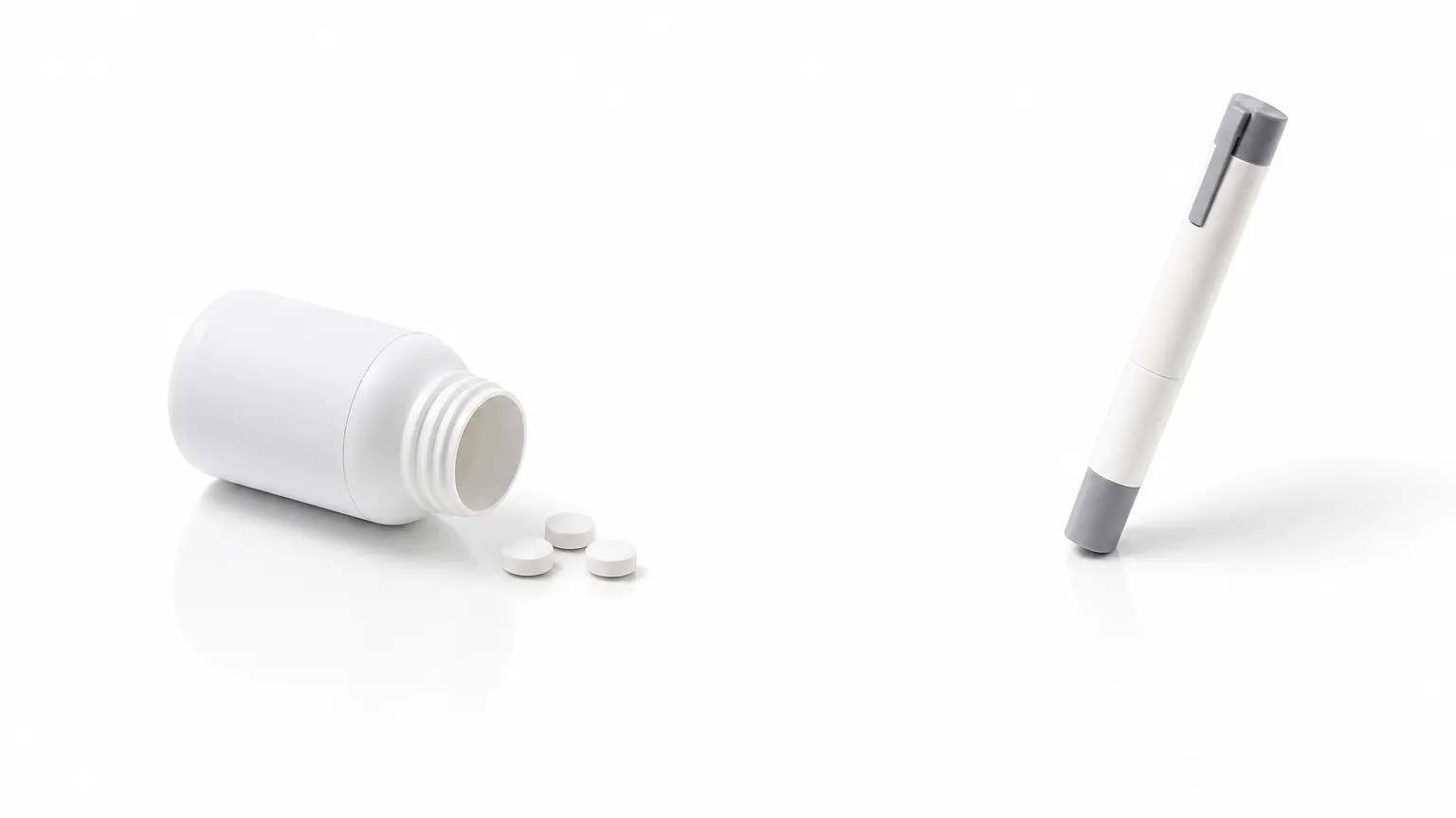 A white pill bottle with tablets facing an injection pen on a clean white background