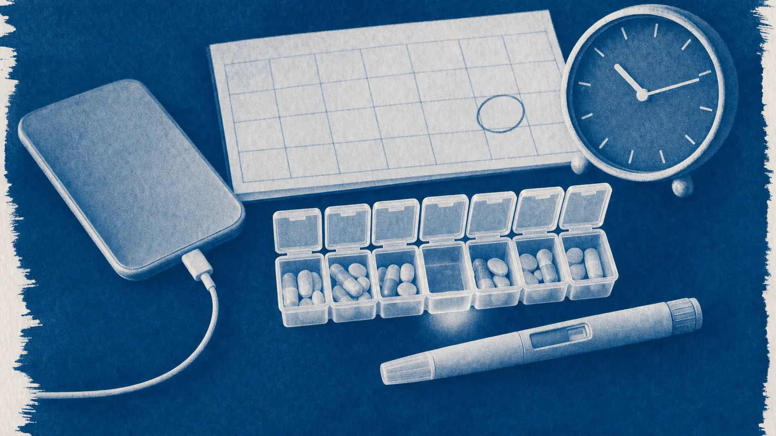 Cyanotype of a seven-day pill organizer with one empty slot, a capped pen, blank calendar, clock and face-down phone