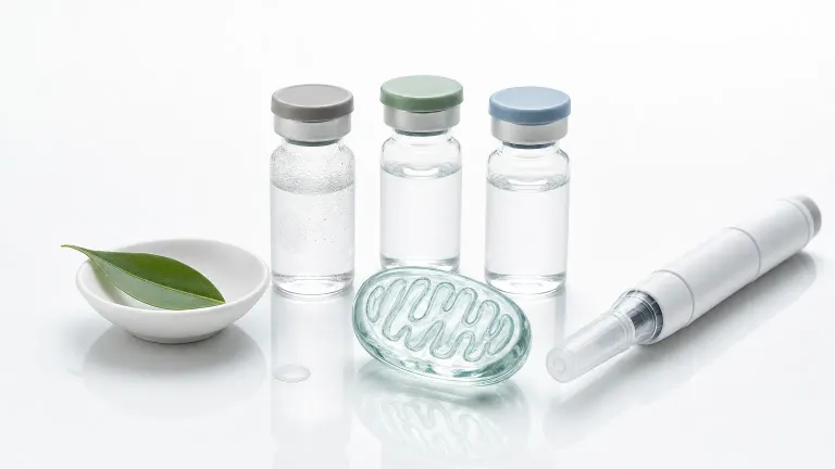 Three small glass vials, a glass organelle model, a leaf and a capped syringe on white.