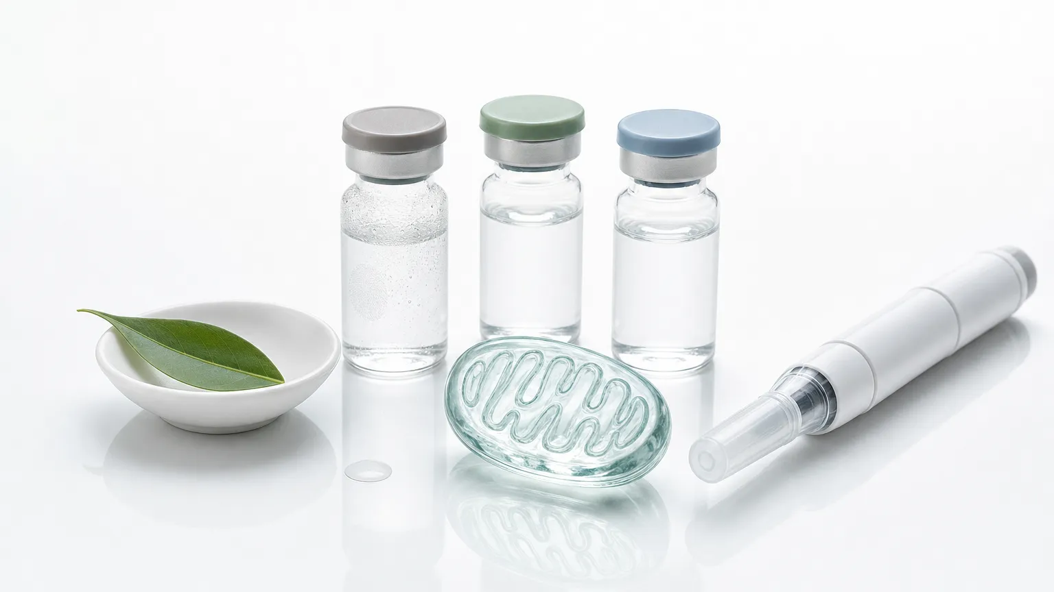 Three small glass vials, a glass organelle model, a leaf and a capped syringe on white.