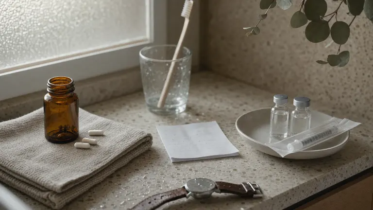 A plain pill bottle with capsules beside two unlabeled vials and a capped syringe on a bathroom shelf.