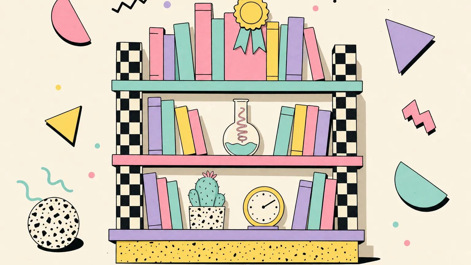 Memphis-style illustration of a pastel bookshelf of blank journals topped with an award ribbon, plus a flask.