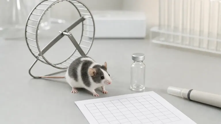 Lab mouse beside a running wheel with an empty vial and a blank chart on a bench.