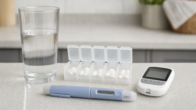 Injection pen beside a weekly pill organizer with white tablets, a glass of water and a glucose meter.
